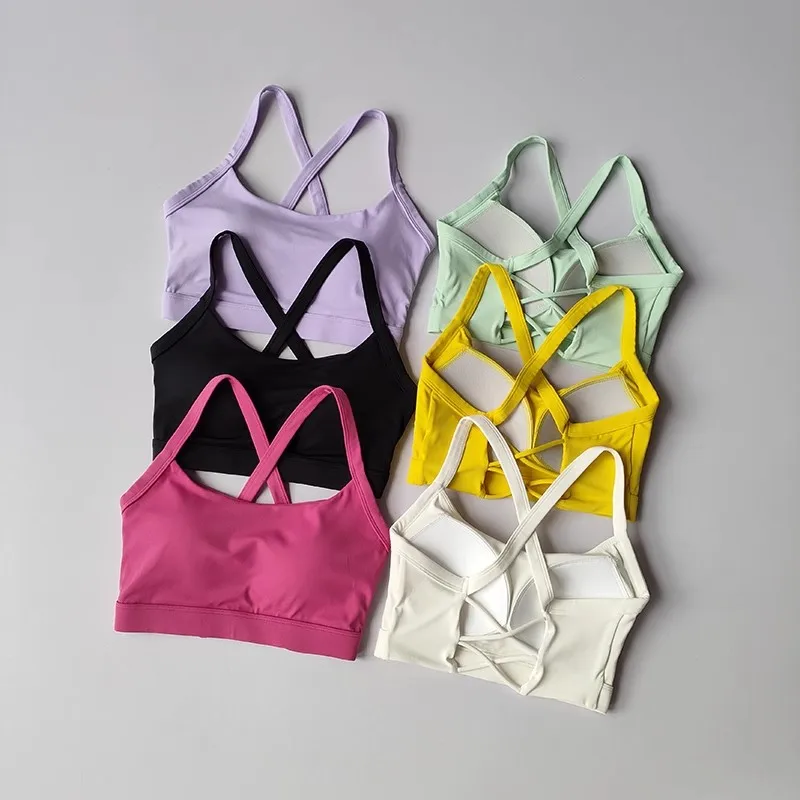 Women's Solid Color Yoga Underwear Fitness Bra Soft Cross Back Push-Up Gym Sports Top with Chest Pad Yoga Vest Sport Crop Top image 3