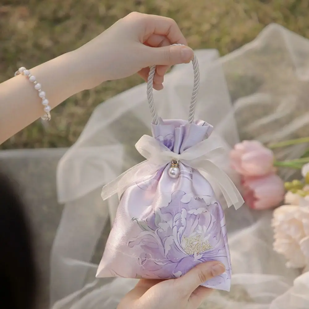 Flower Canvas Drawstring Bag Korean Style Storage Bag Canvas Knot Wrist Bag Pearl Pendant Jewelry Packing Bag Wedding Candy Bag