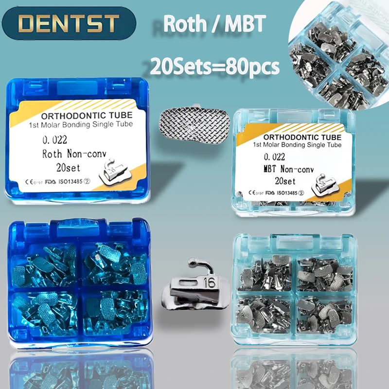 

Dentst 20Sets=80pcs Dental Orthodontic Buccal Tube 1st 2nd Molar Roth / MBT 0.022 Bondable Non-Convertible Single Tube Mesh Base