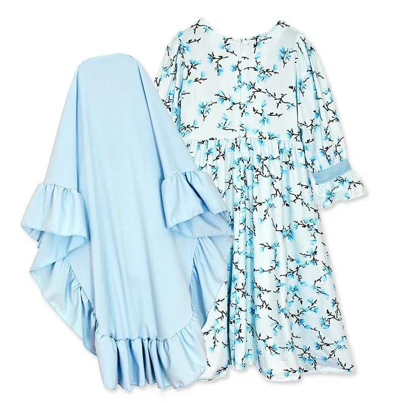 Abaya Hijab Prayer Dress Muslim Girls Children Long Sleeve Floral Pattern Blue Dress Maxi Dress Headscarf 2 Piece