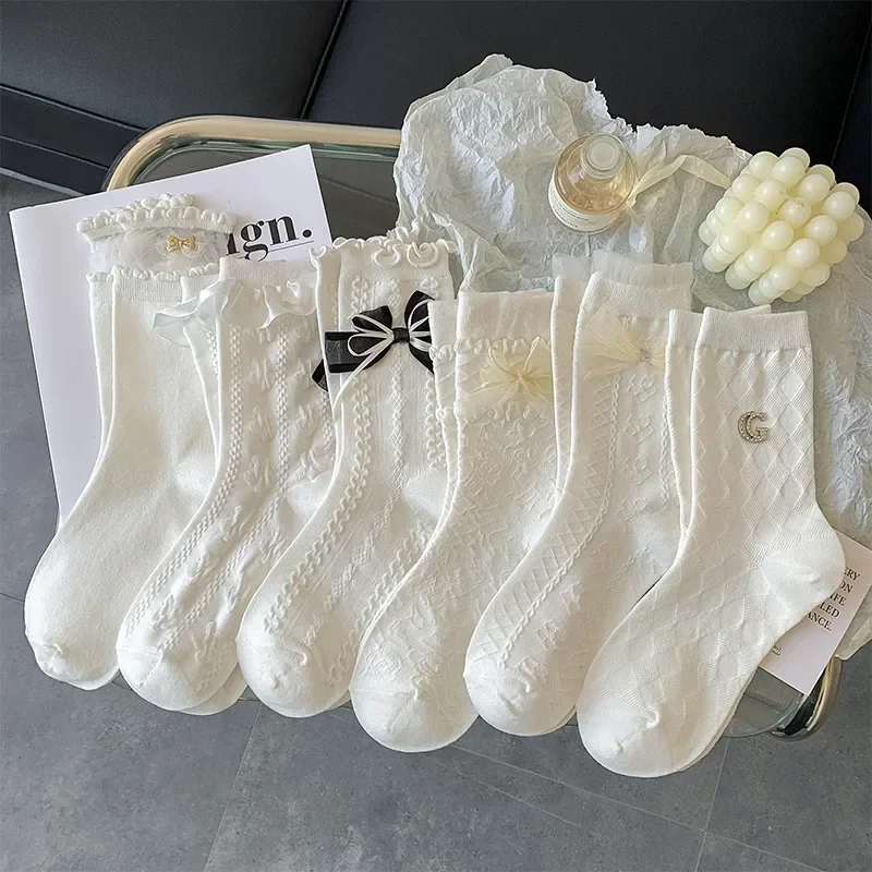 Lolita White Cotton Socks for Women Sweet Cute Double-Layer Bowknot Ins Spring and Summer Thin Mesh Splicing Japanese JK Socks