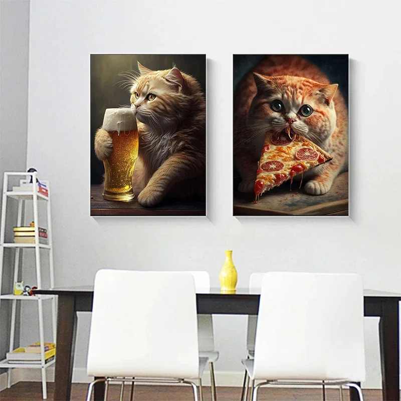 Drinking Funny Cat Posters Beer Eating Pizza Cat Shocked Canvas Painting Wall Art Print Picture for Kitchen Cafe Room Home Decor