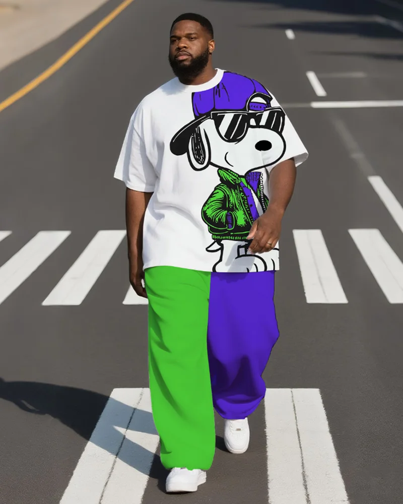 

S-9XL Men's Plus Size Cartoon Colorblock Short-Sleeved T-Shirt and Pants Two-Piece Set