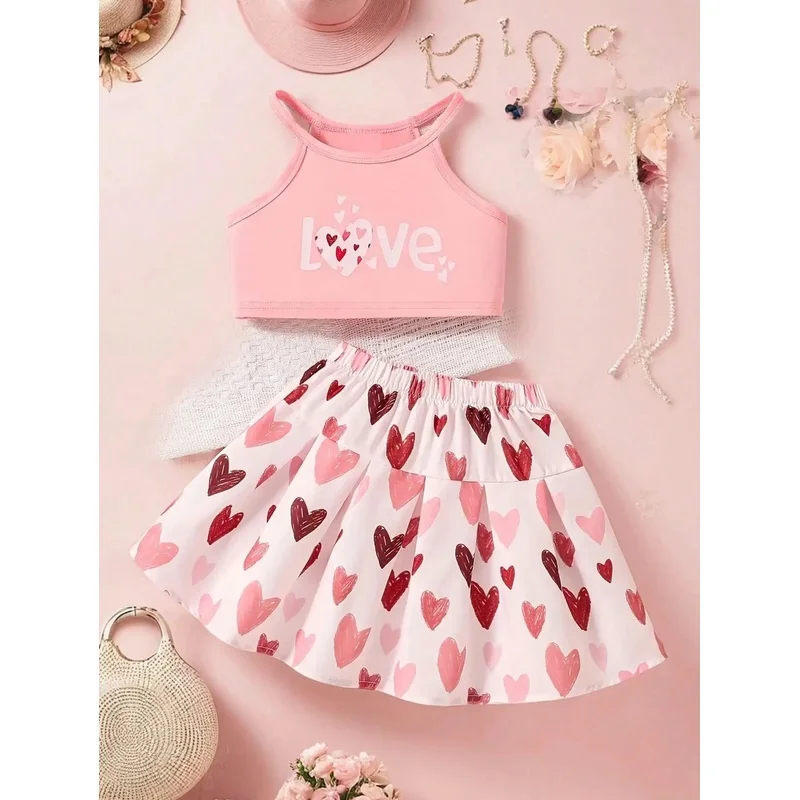 Kids Clothing Set English Heart Print Suspender Top with Elastic Waist Skirt - Solid Color And Heart Patterned Design