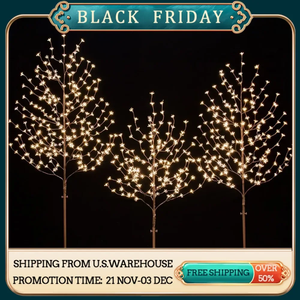 Lighted Cherry Blossom Tree Set, Including 4ft, 5ft and 6ft with 144/184/240 Warm White LED Lights, Chirstmas Decoration