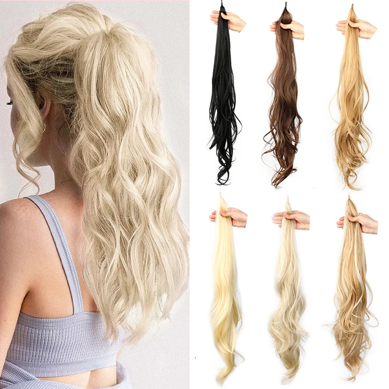 Long Curly Ponytail Hair Extension Ombre Pony Tail Hair Flexible Wrap Around Pony Hairpiece Long Synthetic Fake Tail for Women