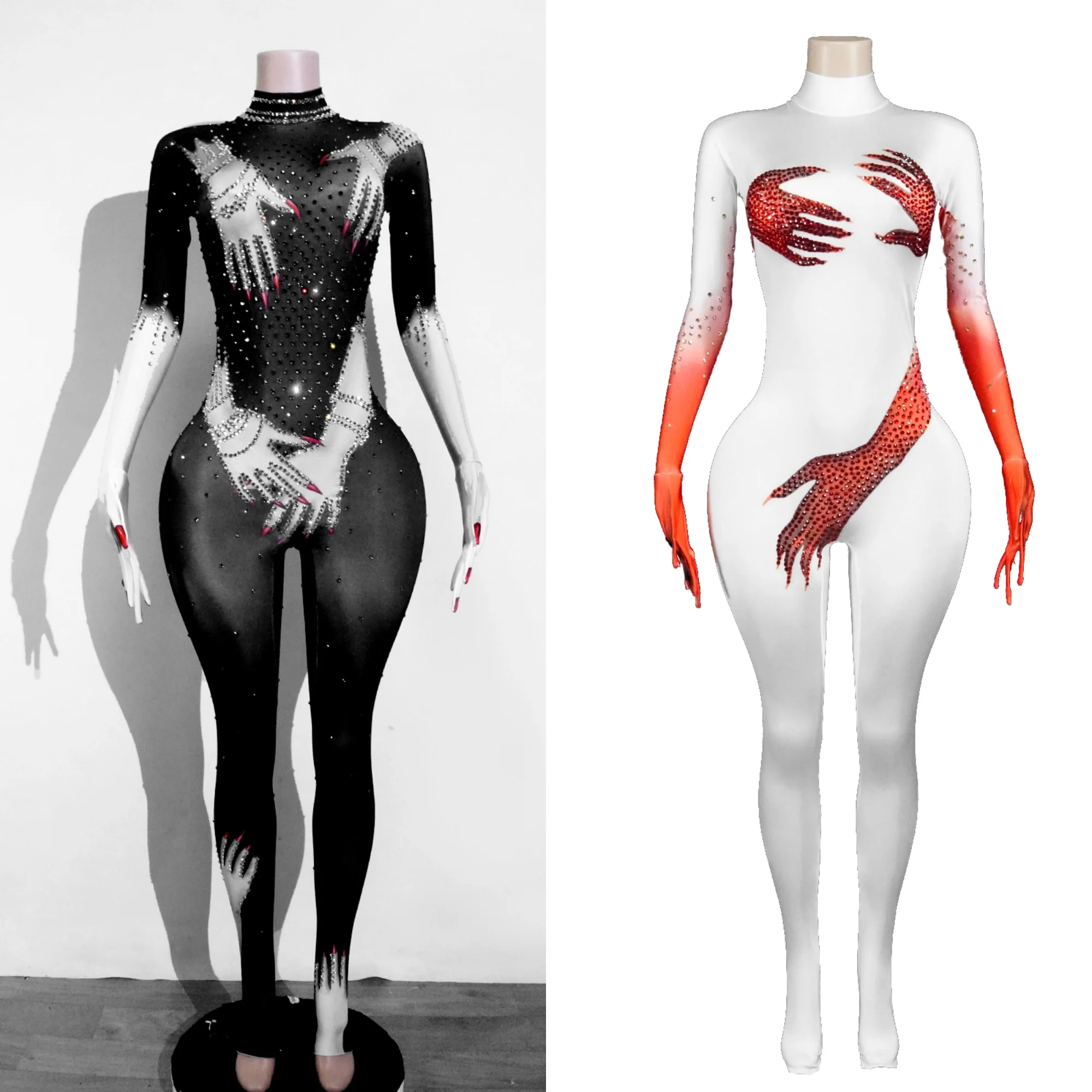 

Full Red Rhinestone Jumpsuits Birthday Party Costume Nightclub Showgirl Gloves Bodysuits Women Celebrate Stage Drag Queen Outfit