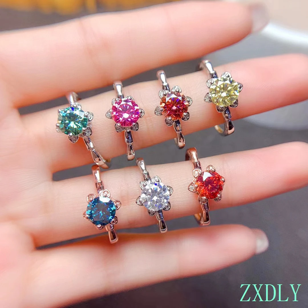 

Women Silver Ring with Different Colorful Moissanite 925 Sterling Silver 1ct Gemstone Wedding Party Love Gift Pink Blue Green