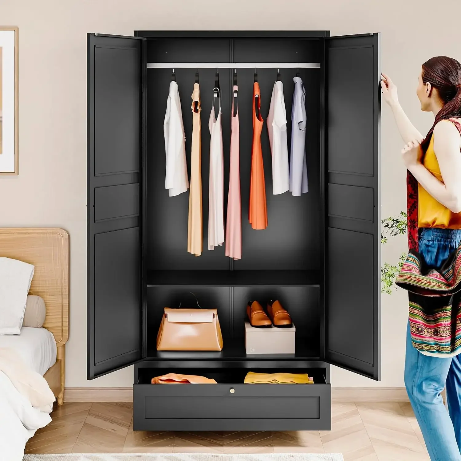 Metal Armoire Wardrobe Closet with 2 Doors 72'' Wardrobe Cabinet with Drawers and Hanging Rail Metal Closet with Adjustable Shel