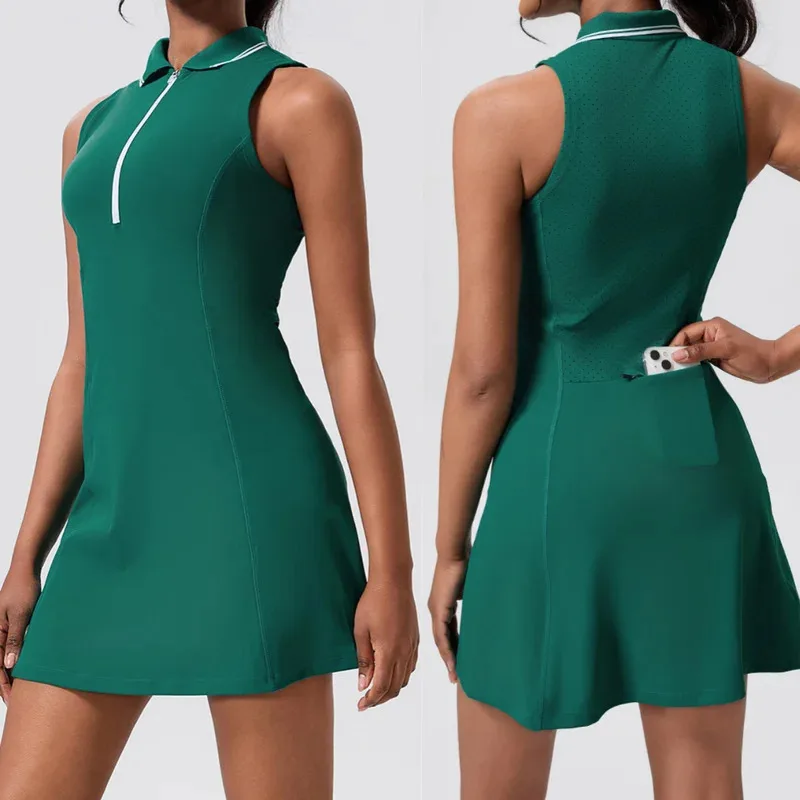 

Женское теннисное платье без рукавов с воротником-поло, полупередняя молния, платье для бадминтона, быстросохнущее спортивное платье, большие размеры