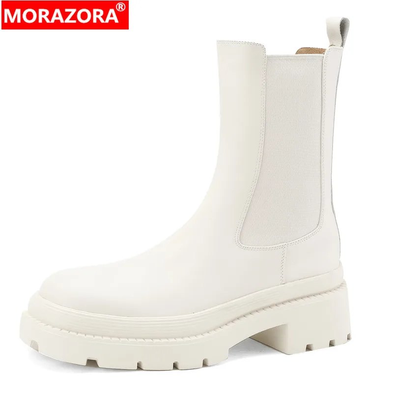 MORAZORA 2024 New Ladies Slip On Chelsea Boots Platform Ankle Boots Autumn Winter Genuine Leather Women Boots