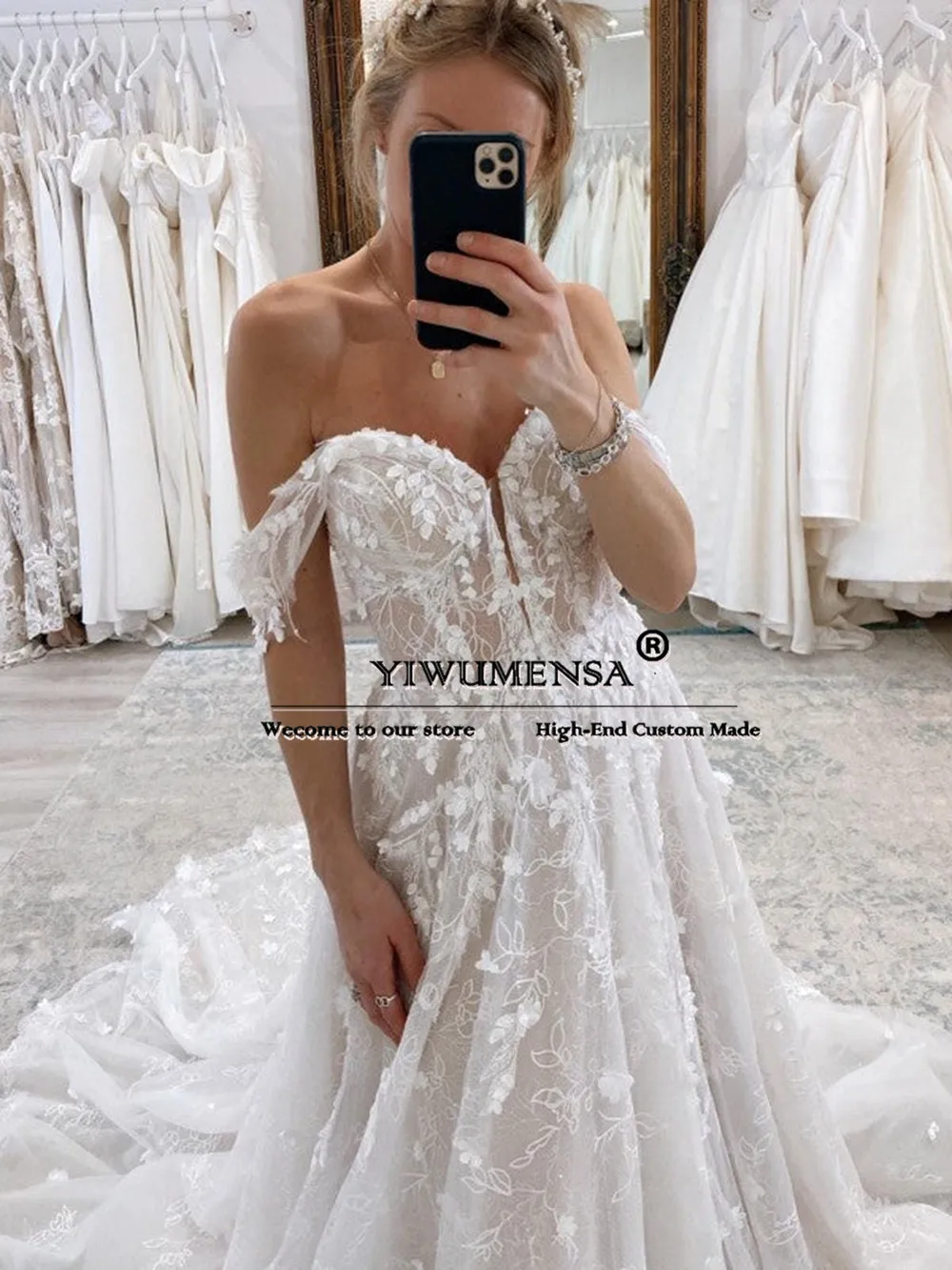 Vestidos de novia elegantes para mujer, vestidos de novia de fiesta Formal, hombros descubiertos, apliques de encaje, ropa de novia hecha a medida