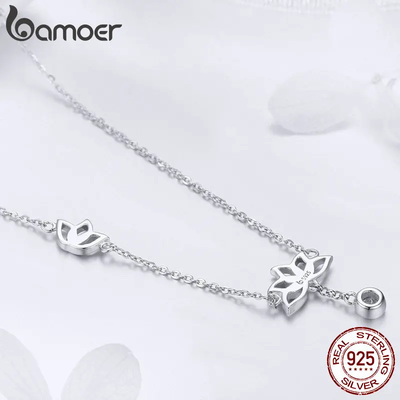 Bamoer 100% 925 Sterling Silver Elegant Lotus Pendant Necklaces Cubic Zircon Flower Necklace for Women Fine Jewelry BSN012