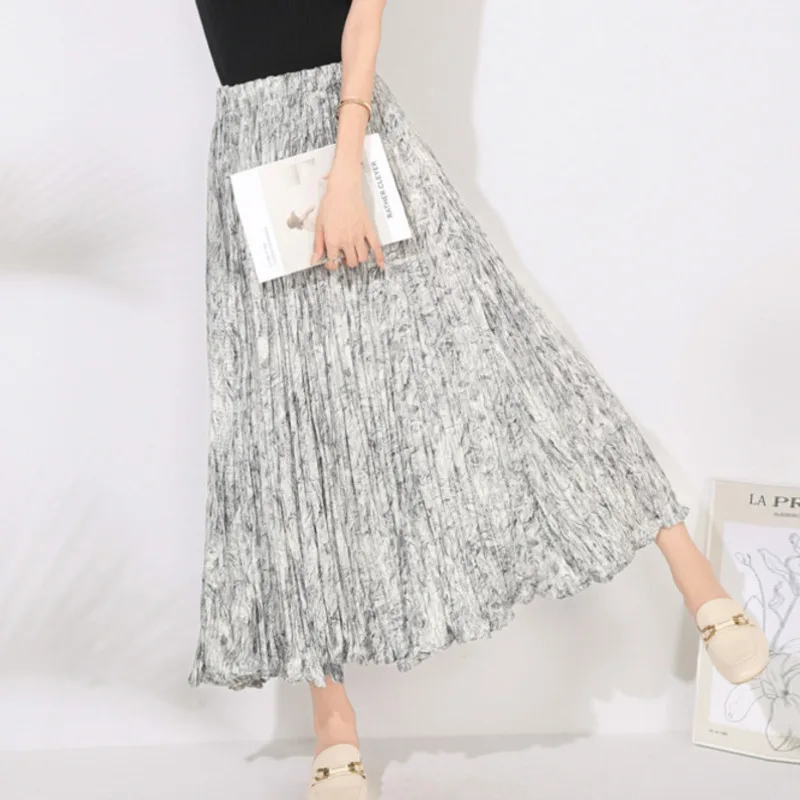 YFPF fleur impression femmes jupe Miyake plissée une ligne décontracté taille haute ample mode jupes longues mode 2025 nouveaux vêtements