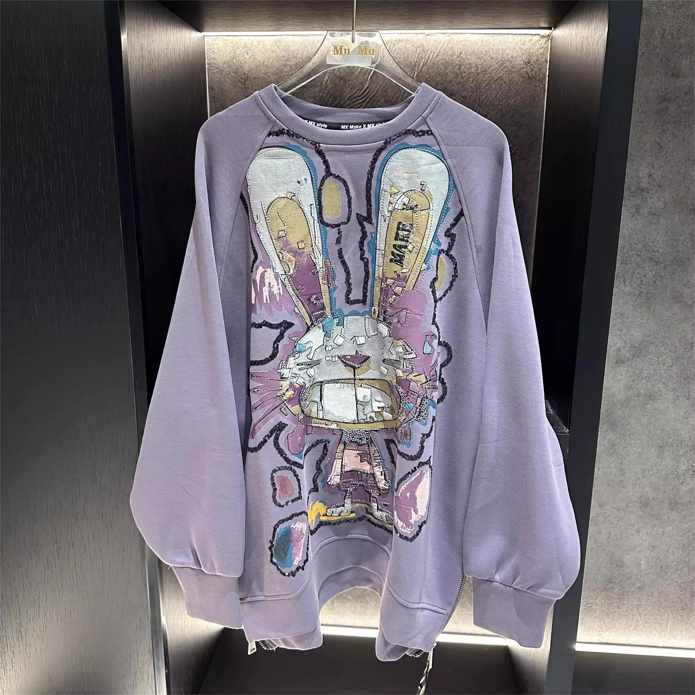 

Утепленная женская толстовка с длинными рукавами, хлопковая, с мультяшным принтом кролика, на флисовой подкладке, средней длины, с блестками