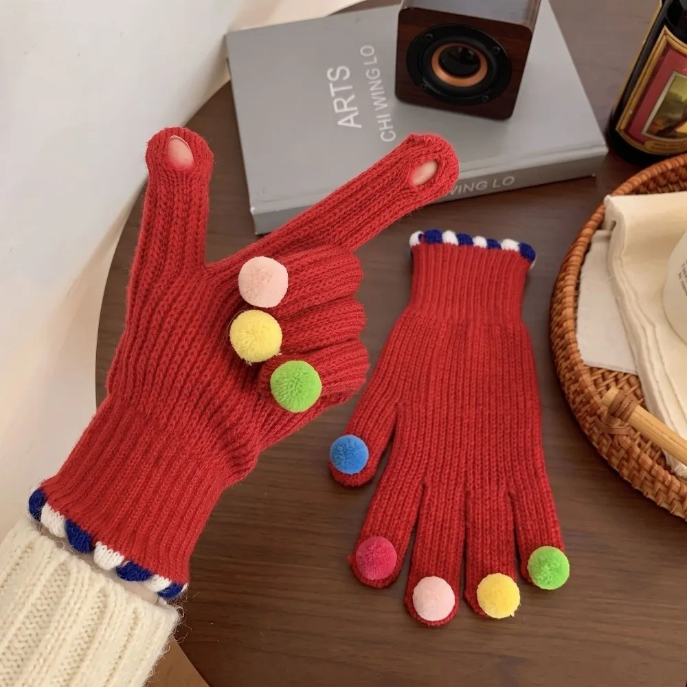 Warm Candy Pom Pom Knit Gloves Candy Color Cycling Winter Cold Proof Knitted Gloves Thermal Knitted