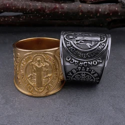 Stainless Steel Christian Saint Benedict Ring Men's Religious Cross Catholic Ring Fashion Hip Hop Biker Exorcist Jewelry Gift