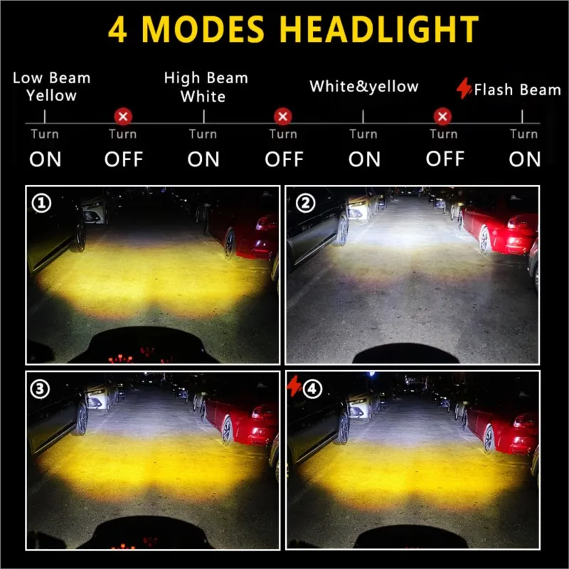 12-80V Motorcycle Auxiliary LED Lights, 4 Modes White Yellow Dual Color Strobe, Additional Waterproof Driving Spotlights