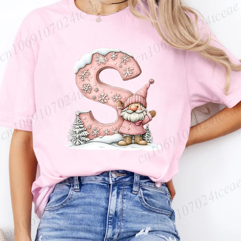 

Рождественские футболки с буквенным принтом алфавита, трендовая женская модная одежда, футболки с графическим рисунком, красная, розовая рубашка, женские повседневные футболки