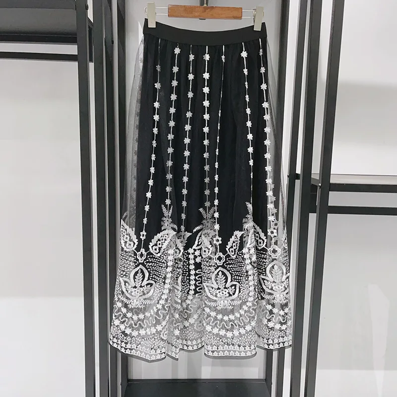 2025 Early Autumn Polyester Floral Embroidered Mesh Midi Skirt skirts for women y2k skirt
