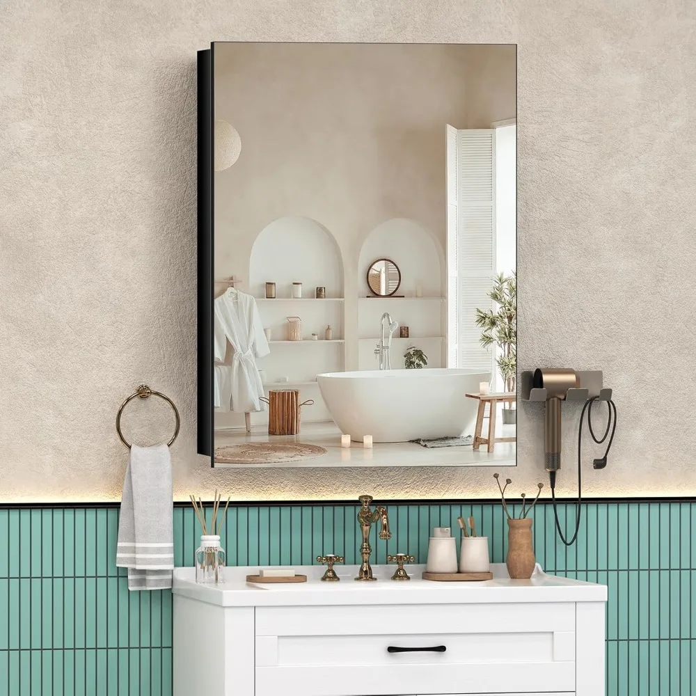 

Cabinet Mirror with Storage, Pre-Assembled Medicine Cabinets for Bathroom, Recessed or Surface Mount Large Black Medici