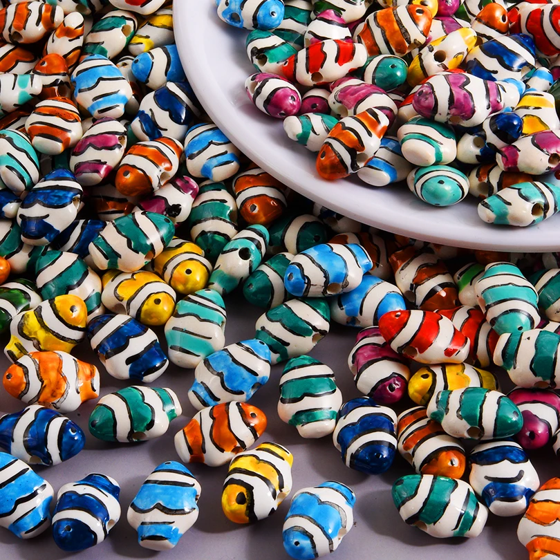 10/20Pcs Kawaii Hand Painted Ceramic Sea Animal Fish Spacer Loose Beads For Jewelry Making Ocean Conch Shell Turtle Charms Bulk