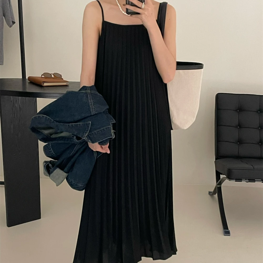 Women\'s Spring Summer Long Folds Dress 2023 Spaghetti Strap Sleeveless Midi Pullover Robe Evening Sundress