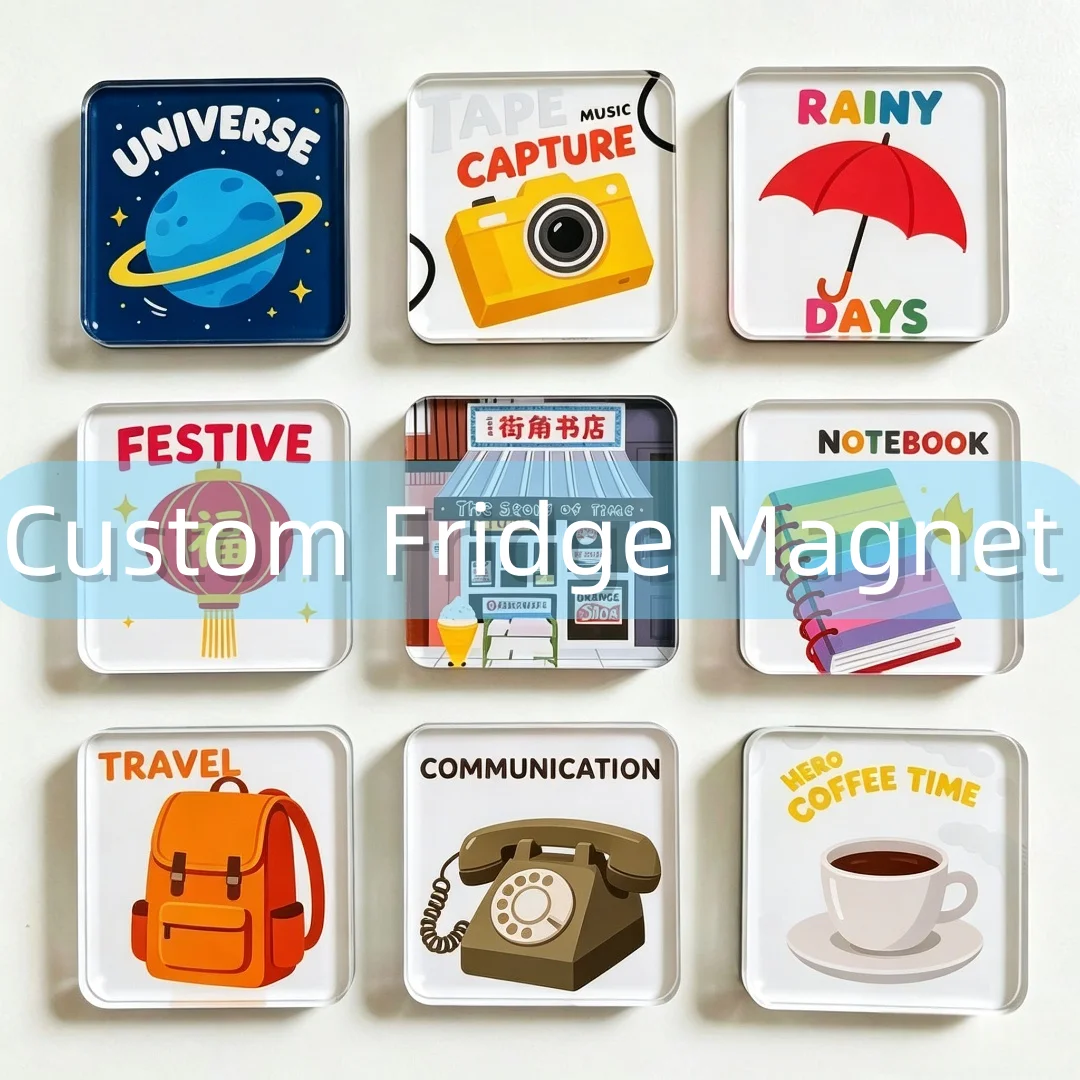 Custom Acrylic Fridge Magnet No MOQ Free Design Retro Cartoon Square Refrigerator Sticker for Home Decor & Souvenir Gift