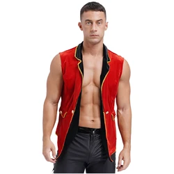 Mens Circus Ringmaster Costume Halloween Cosplay Tailcoat Sleeveless Vest Jacket Lion Tamer Carnival Party Roleplay Dress Up