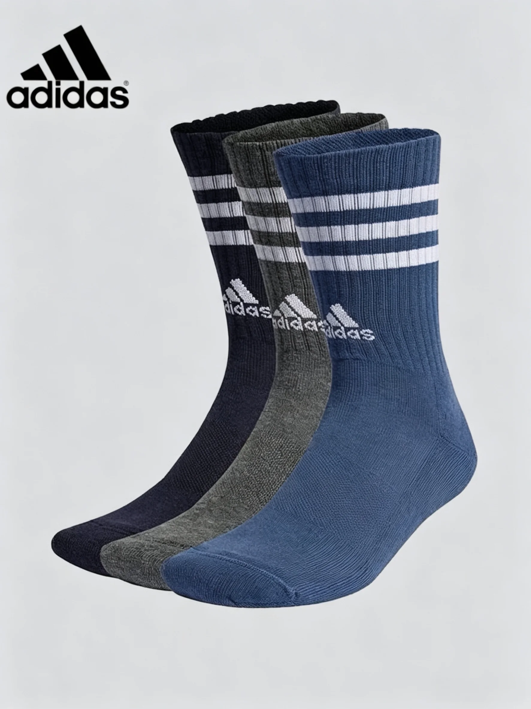 Adidas 3 Pairs Unisex Striped Crew Socks Breathable Mid Calf Socks Men Women Running Gym Daily Casual Sports Socks IP2639
