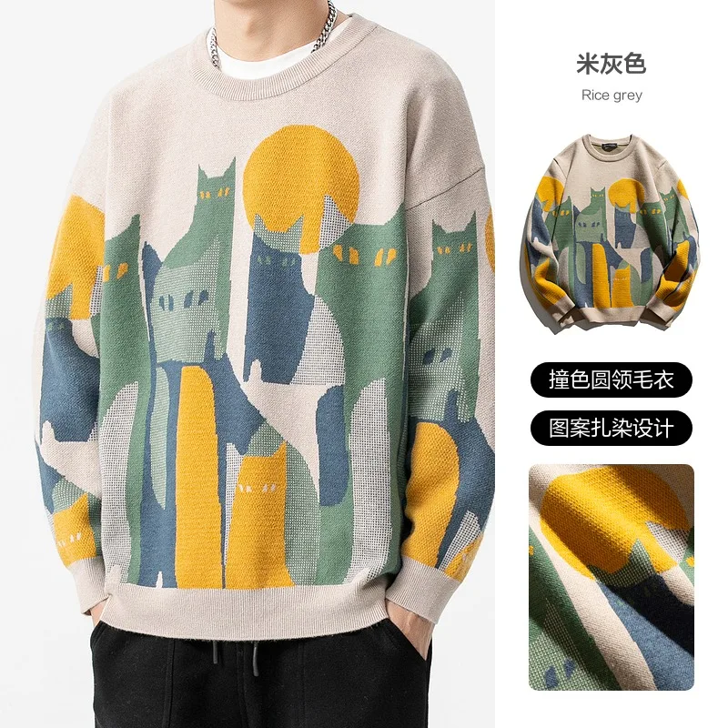 Nuevo suéter de punto de otoño para hombre, jersey con gráfico de gatos de estilo coreano con cuello redondo, Tops cálidos de alta calidad para invierno, suéteres negros 2025