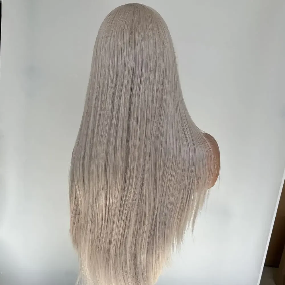 Rambut palsu lurus panjang tahan panas sintetis Lace Frontal Wig perak abu-abu