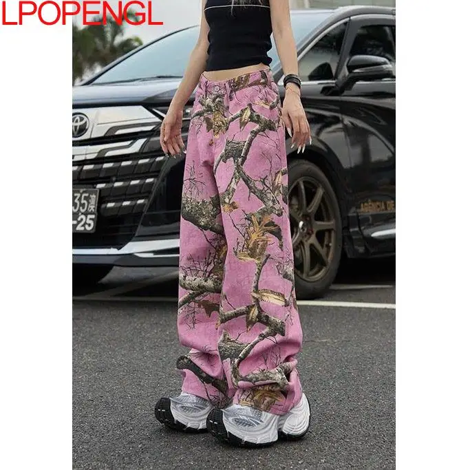 2026 Spring And Summer Printed Personalized Fashion Loose Casual Retro American Jeans Women's High Waist Button Wide Leg Pants