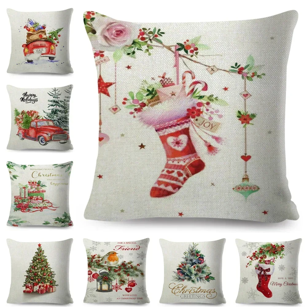 

Merry Christmas Cushion Cover Simple Painting Printed Pillow Covers Inches Xmas Decoration Candle Bird Flower Linen Pillowcase