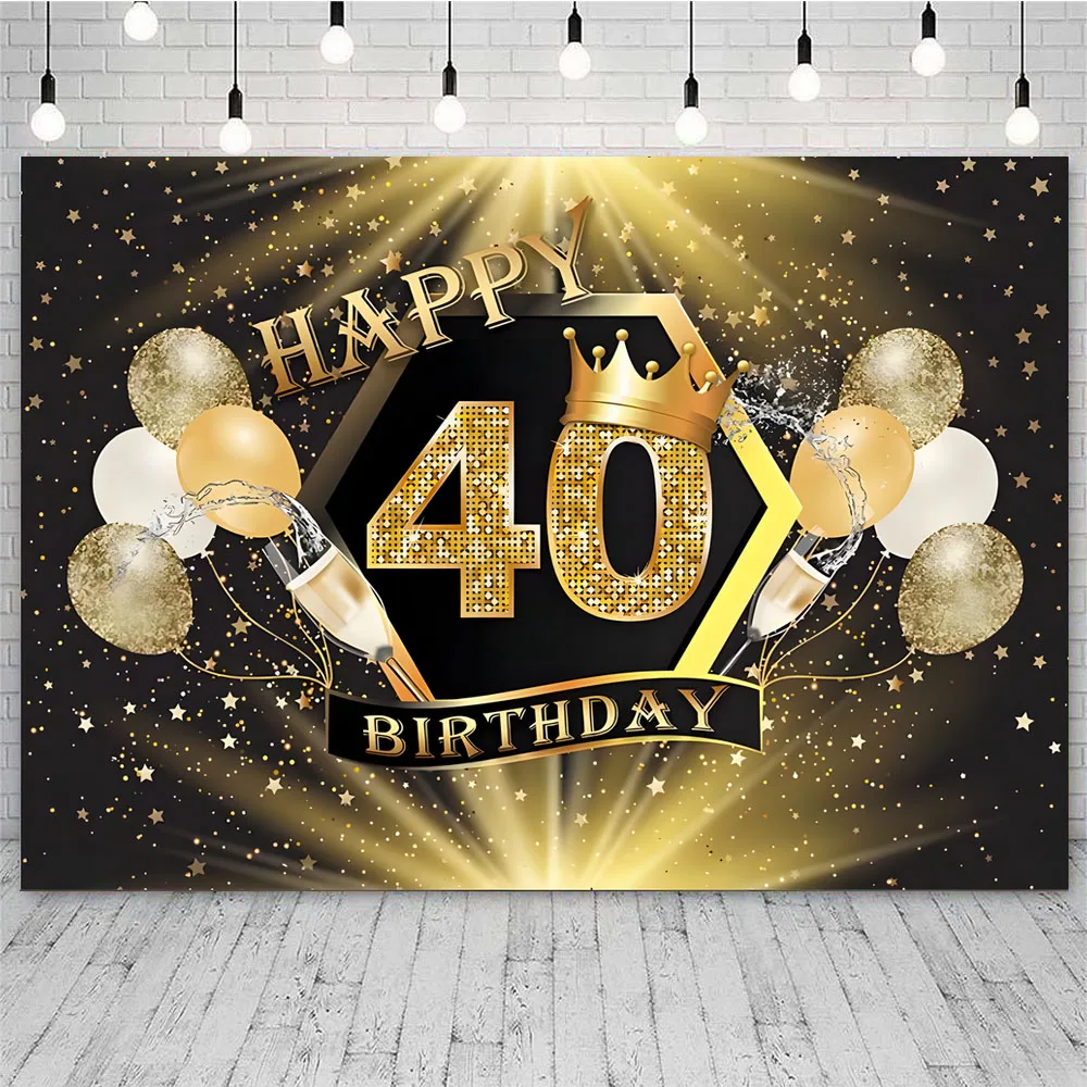 Toile de fond de photographie de joyeux 40e anniversaire pour hommes adultes, bleu marine et or scintillant, fond de 40 ans, décoration de fête brillante