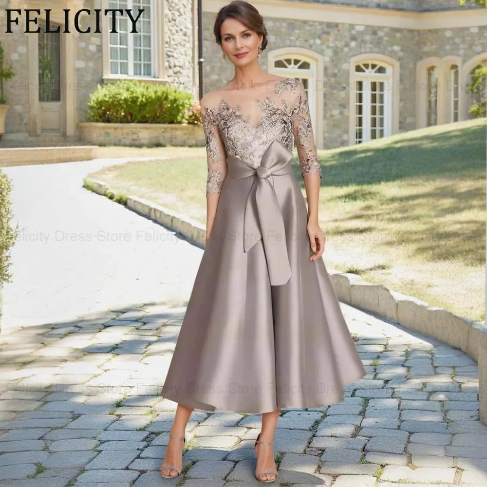 

FELICITY Customized Elegant Mother of the Bride Dress 2026 Sheath Bow Appliques Satin Wedding Guest Party Dresses Evening Gowns