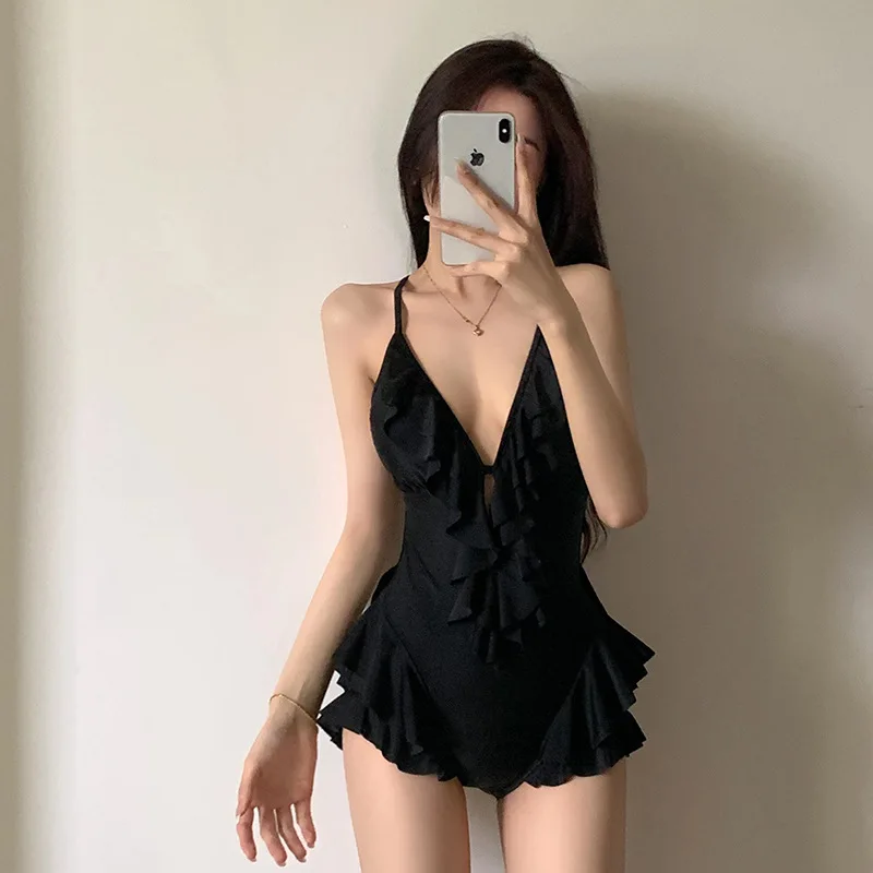 

Stylish Korean Style Women's Swimsuit, Solid Color Push-Up for Small Bust Backless Sexy Hot Girl Student Swimwear for Vacations