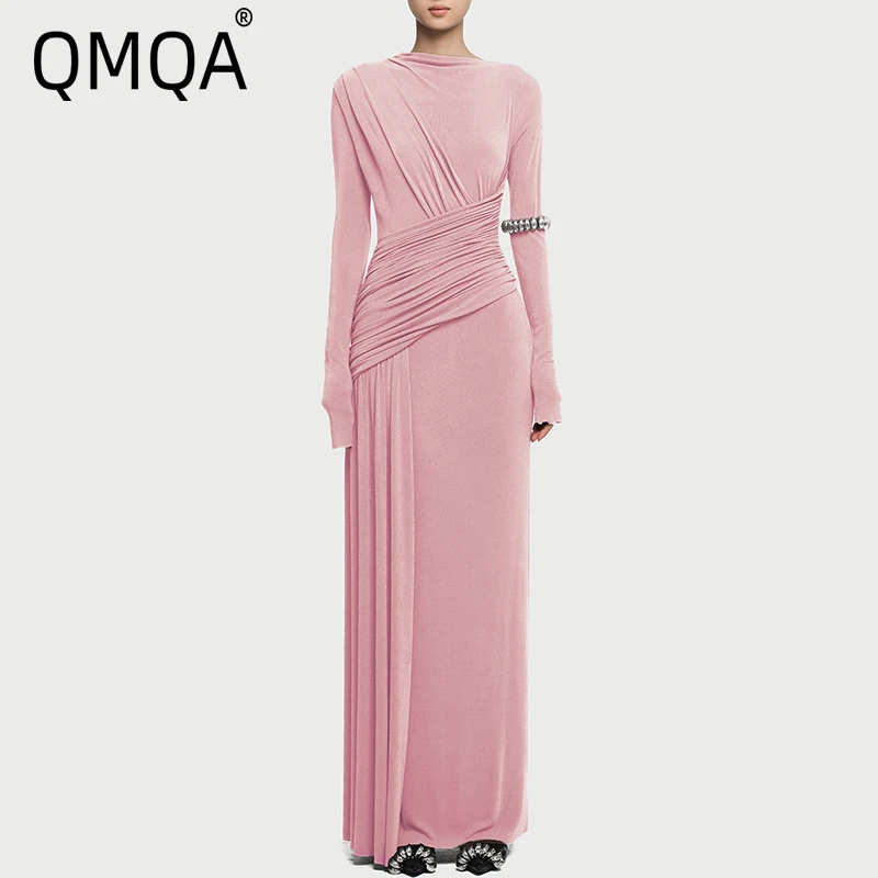 

QMQA Fashion Women's Asymmetric Pleated Elegant Dress Solid Color Long Sleeve High Waist Slimming Party Dresses 2025 New QM519