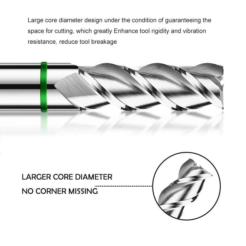 YIFINO TGH-HRC50 Green Ring 3-Flute acciaio al tungsteno carburo di alluminio fresa a fondo piatto CNC Mechanical Machin End Mill