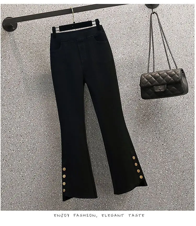 Conjunto de dos piezas para mujer, camisa a rayas de gasa suelta adelgazante, pantalones acampanados negros, ajustado, primavera y verano, 2024