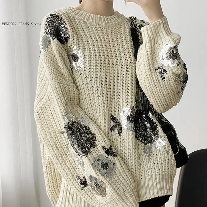 Long Sleeved Warm Winter Black Sequin Women\'s Sweater Knitted Autumn Casual O-Neck