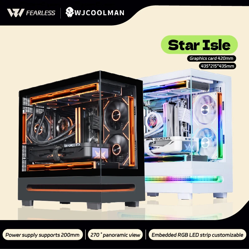 WJCOOLMAN Star Isle MATX/ITX RGB Light Strip 360 Water Cooler PC Case Sea View Room Desktop Computer Chassis Gabinetes gamer
