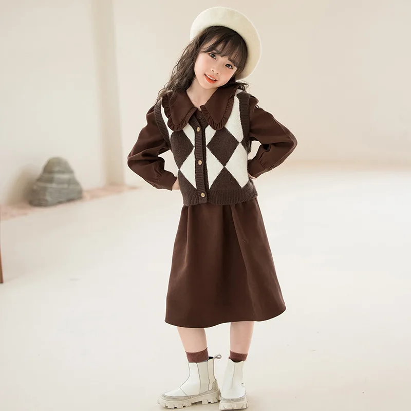 

2025 Korean Autumn Children girls 2-Piece Sets Junior Girl Long Sleeved Dress Elementary Girl Sweater Vest Teenager Girl Sets