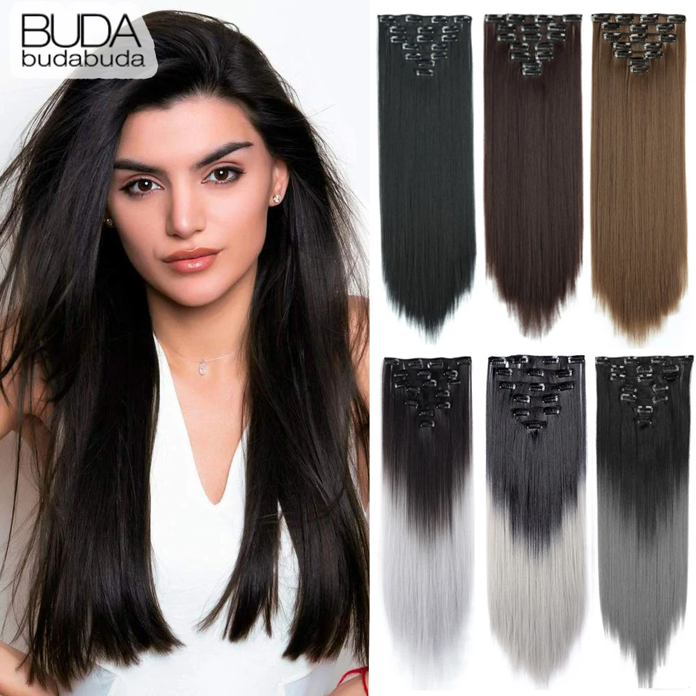 

Synthetic 16 Clip In Hair Extensions Long Straight Hairstyle Hairpiece Black Brown Blonde 22Inch Natural Fake Hair For Women