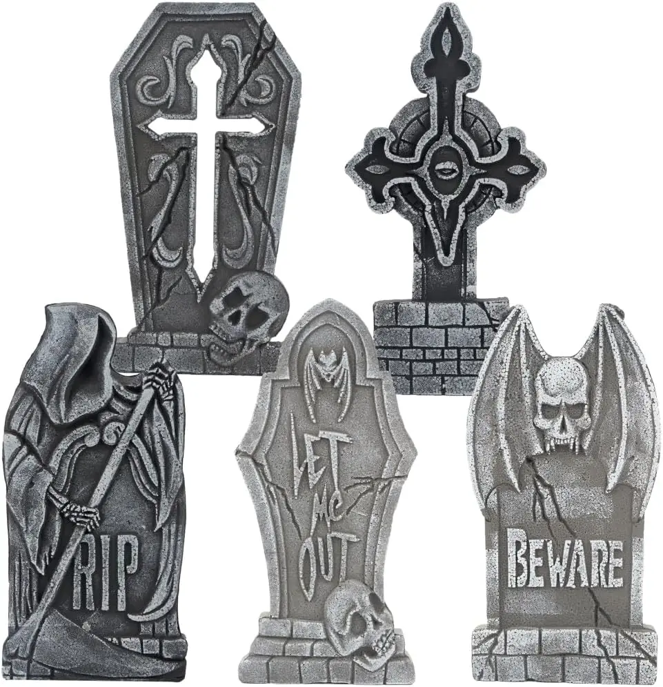 17" Halloween Graveyard Foam Headstones Halloween Decorations Outdoor Tombstones 5 Pack Decor with 12 Metal Stakes for Prop Cemetery Yard Lawn Decorations, Party Supplies