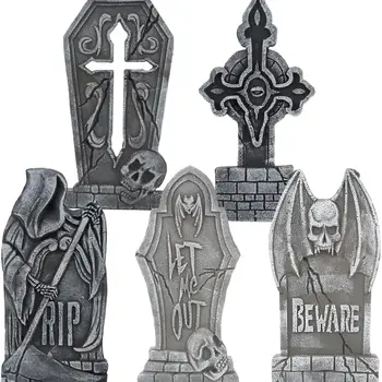 17" Halloween Graveyard Foam Headstones Halloween Decorations Outdoor Tombstones 5 Pack  Decor with 12 Metal Stakes for Prop Cemetery Yard Lawn Decorations, Party Supplies