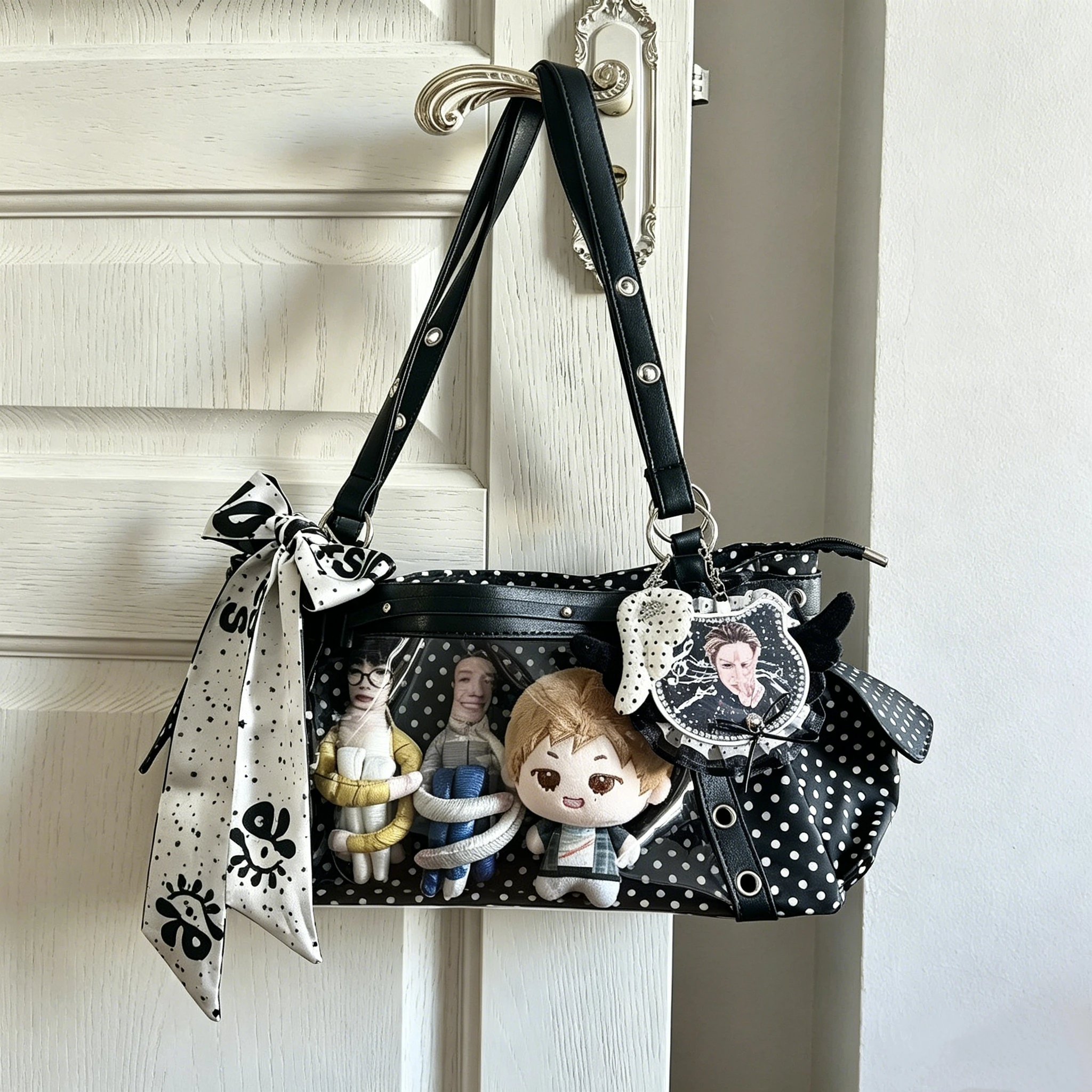 Sac à main Lolita Y2K à pois, style japonais, avec fenêtre transparente, grande capacité, sac à bandoulière décontracté et polyvalent pour étudiants