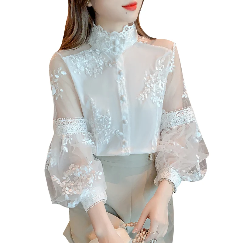 Chiffon Women\'s Shirt Loose Embroidery Casual Blouses Spring/Summer Lace Clothing Long Sleeve O-Neck Fashion Tops