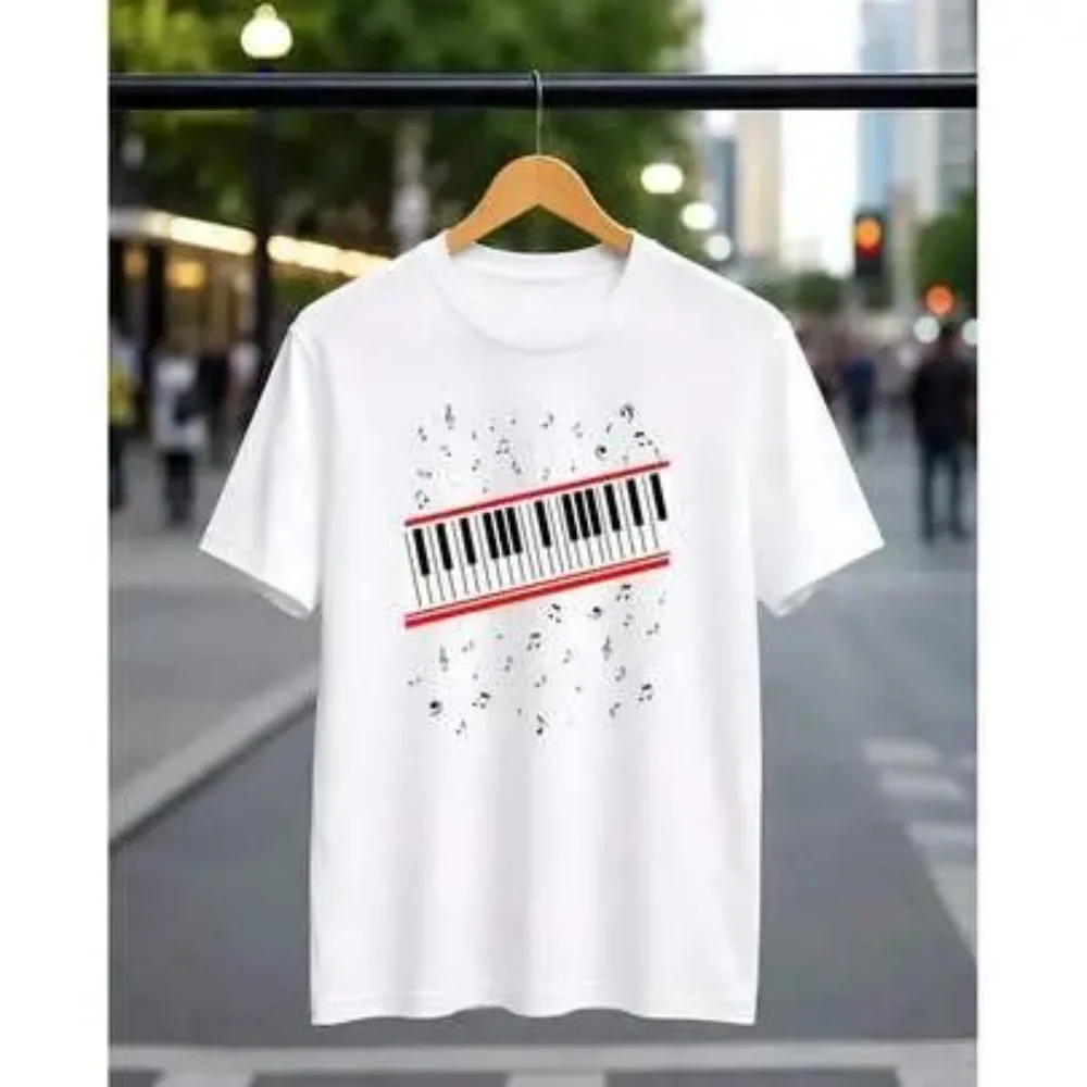 Piano Keyboard Floating Music Note Print Men Oversize White T-Shirt Music Lover Casual Streetwear Tees