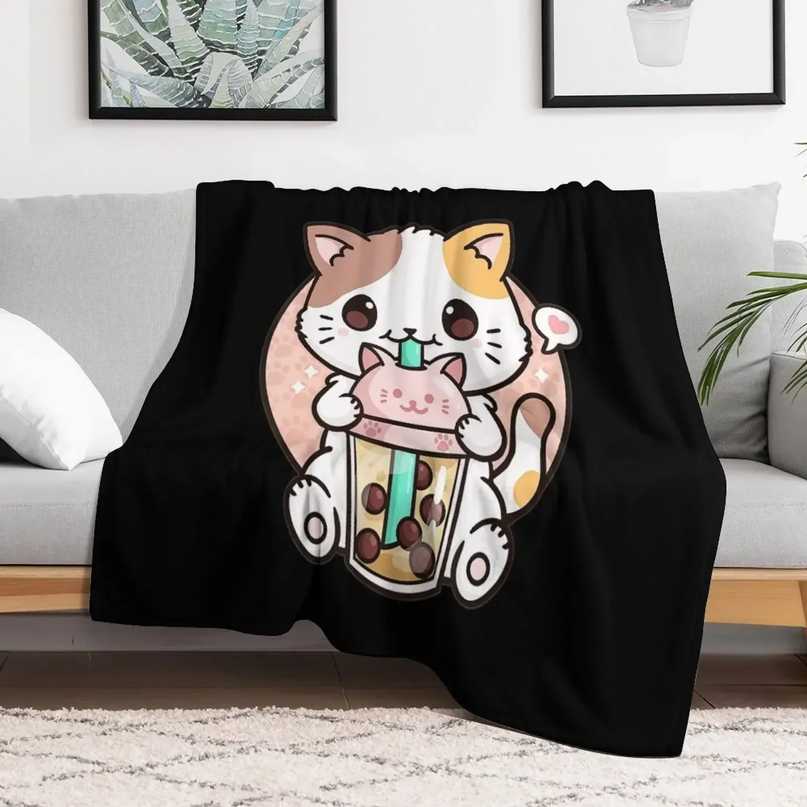 

Cat Boba Tea Bubble Tea Anime Kawaii Japanese Girls Teenager Throw Blanket Flannel Fabric sofa bed Blankets